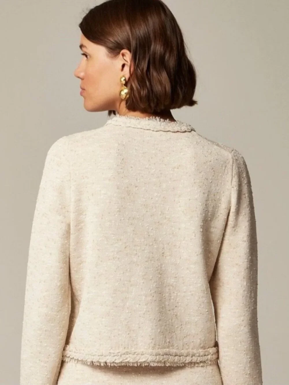 J. Crew Marled Fringe-Trim Sweater Lady Jacket Heather Sand Large #A3784